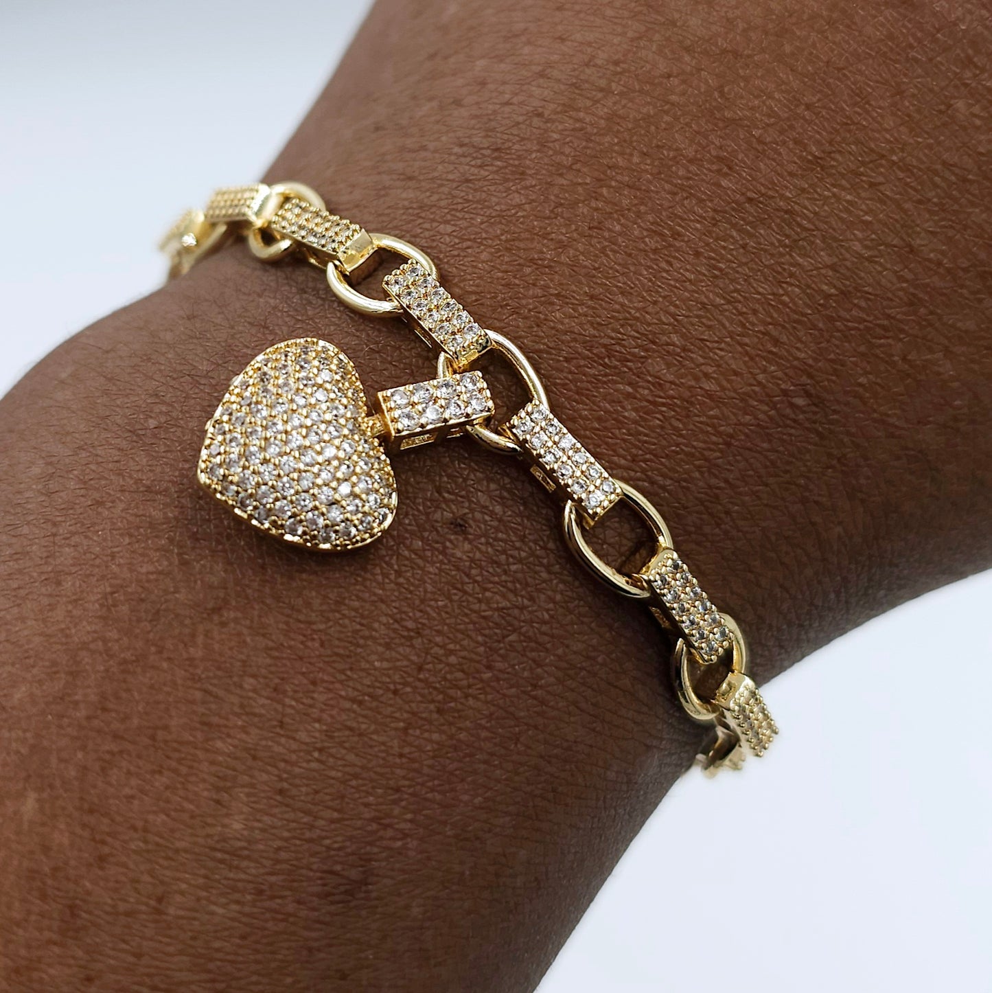 Gold CZ Heart Charm Bracelet