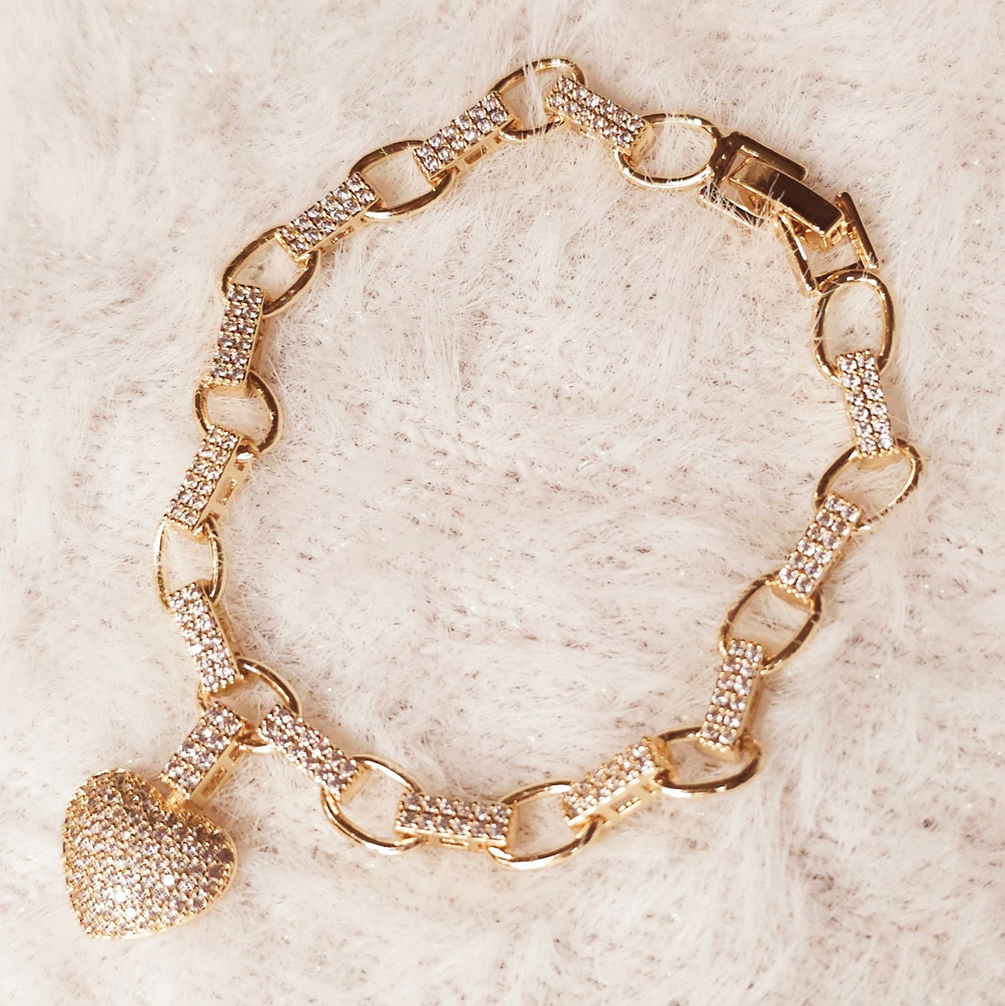 Gold CZ Heart Charm Bracelet